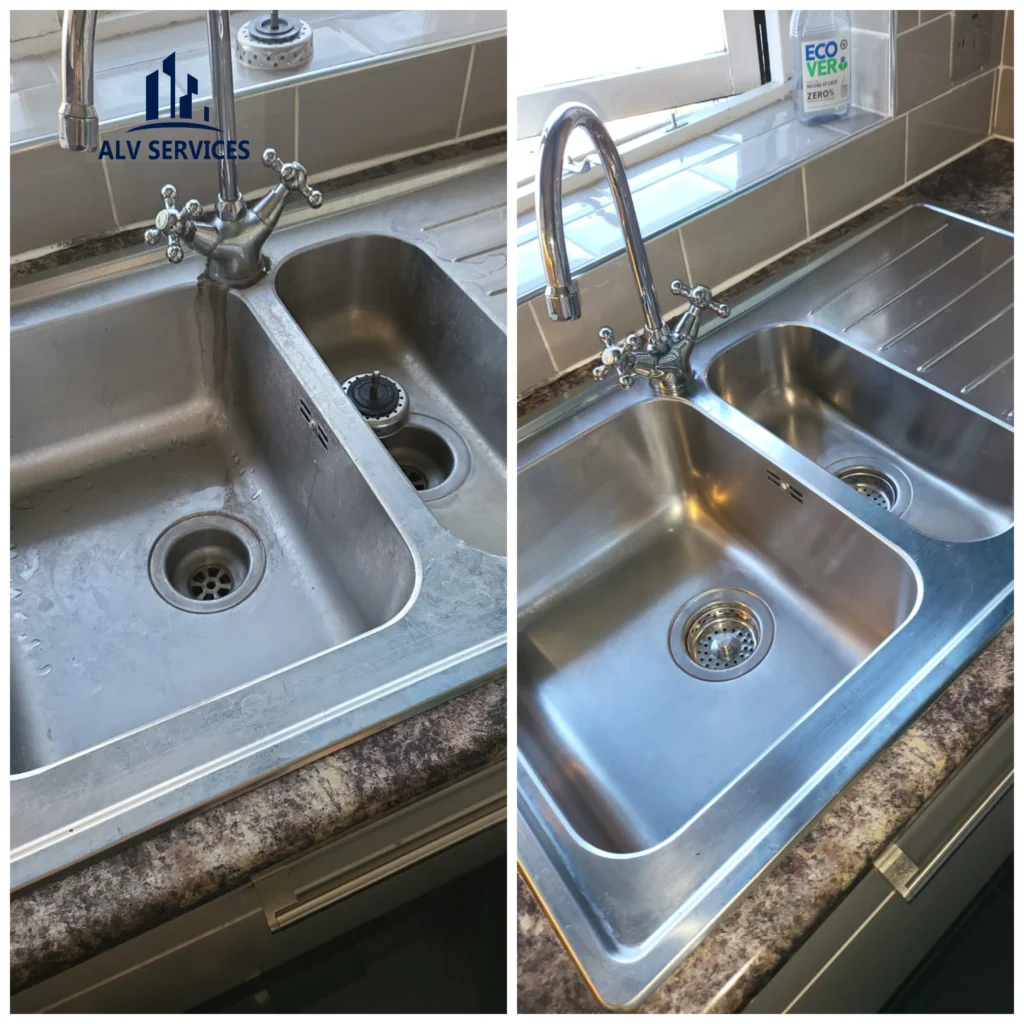 Kitchen cleaning sink, tap from limescale, grease