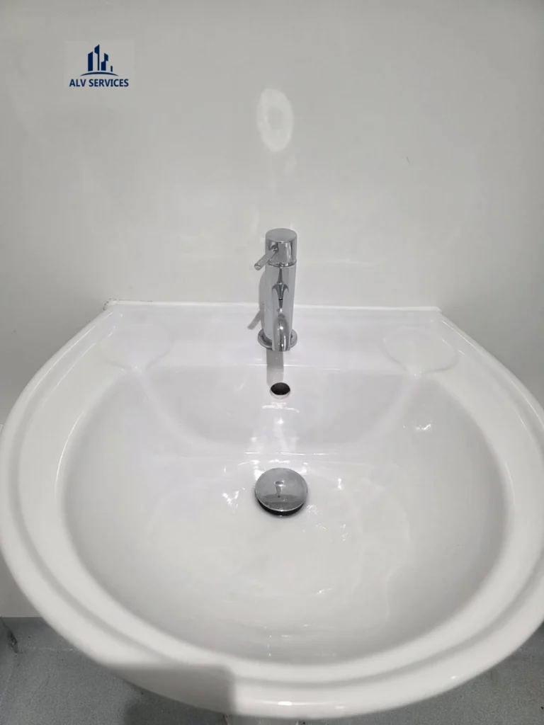 Professional biohazard cleaning results in Sunbury-on-Thames by ALV Services, showing a fully decontaminated and polished sink.