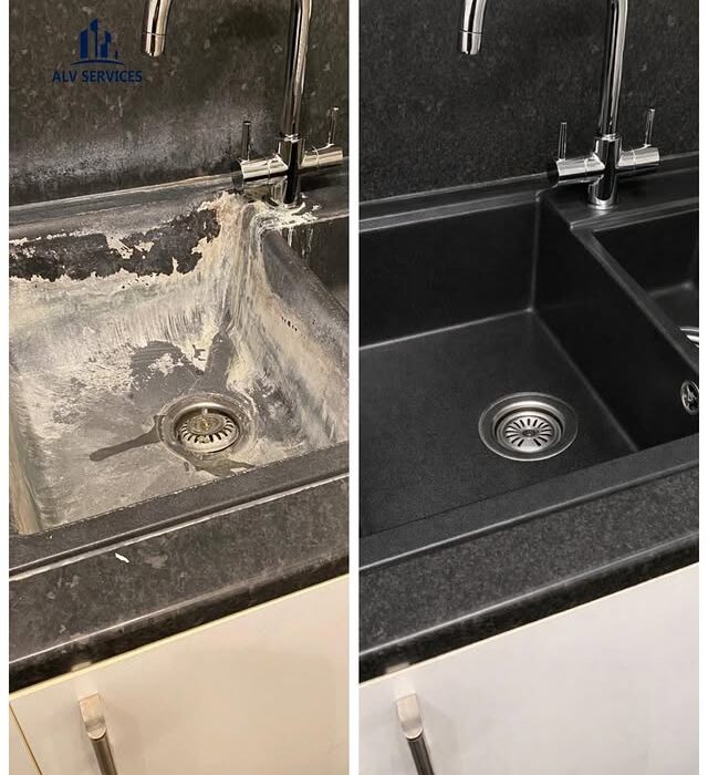 Before and after deep cleaning of a black composite kitchen sink in Sunbury-on-Thames.