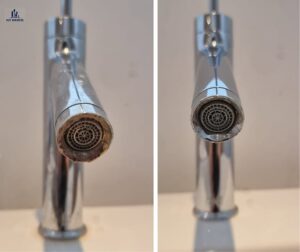 Close-up before and after of a bathroom tap descaling by ALV Services in Hampton.