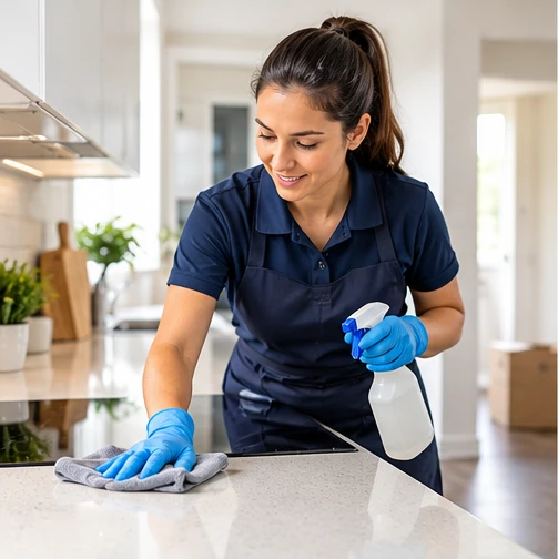 Professional cleaner wearing a navy uniform and blue gloves wiping a kitchen countertop in a bright residential property.