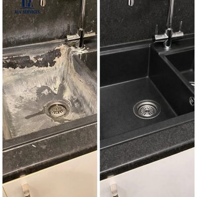 Before and after deep cleaning of a black composite kitchen sink in Sunbury-on-Thames.